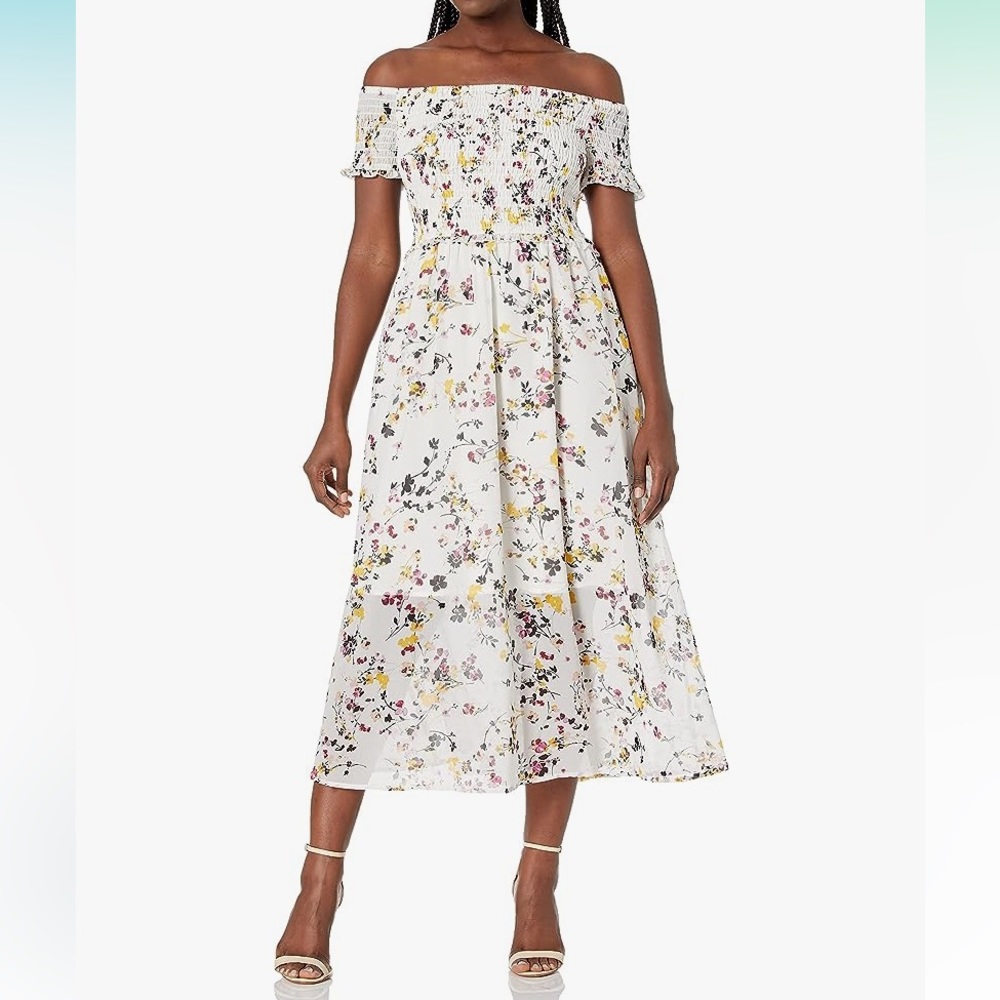 Sam Edelman Women's Off The Shoulder Floral Smocked Cami Pleated Dress